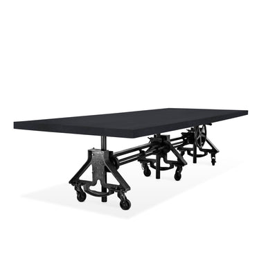 Otis Steel Communal Table - Adjustable Height - Iron Crank - Casters - Ebony Top - Rustic Deco